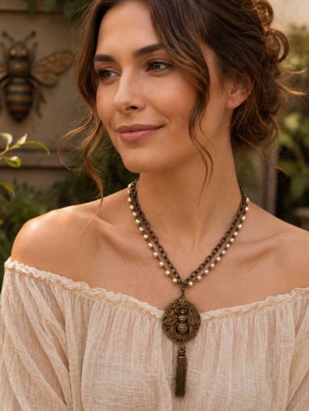 Queen Bee Tassel Necklace Vintage Inspired Bee Pendant | Pearl & Bronze Layered